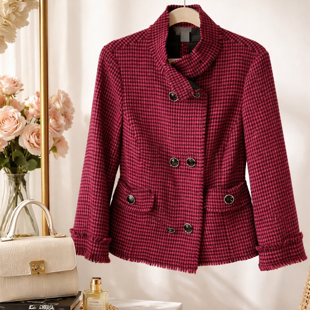 Eccoci Women's Houndstooth Wool Blend Blazer - Black and Pink Y2K Size 14